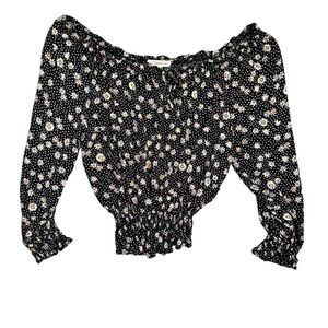 REWIND Boho Vibe Daisy Print Smocked Off-the-Shoulder Blouse Black/White JR XXL